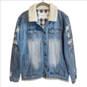 DENIM JEAN TRUCKER JACKET FAUX SHERPA COLLAR DISTRESSED FLANNEL LINED BODY LARGE